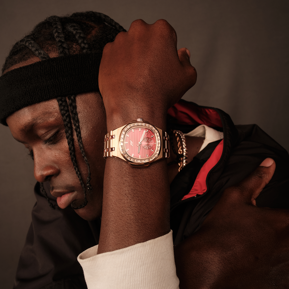 39MM Visionary Iced Ruby Stone Steel Band Watch - Rose Gold