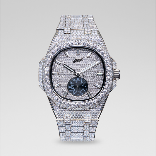 39MM Visionary Moissanite Fully Iced Case & Steel Band Watch - White Gold