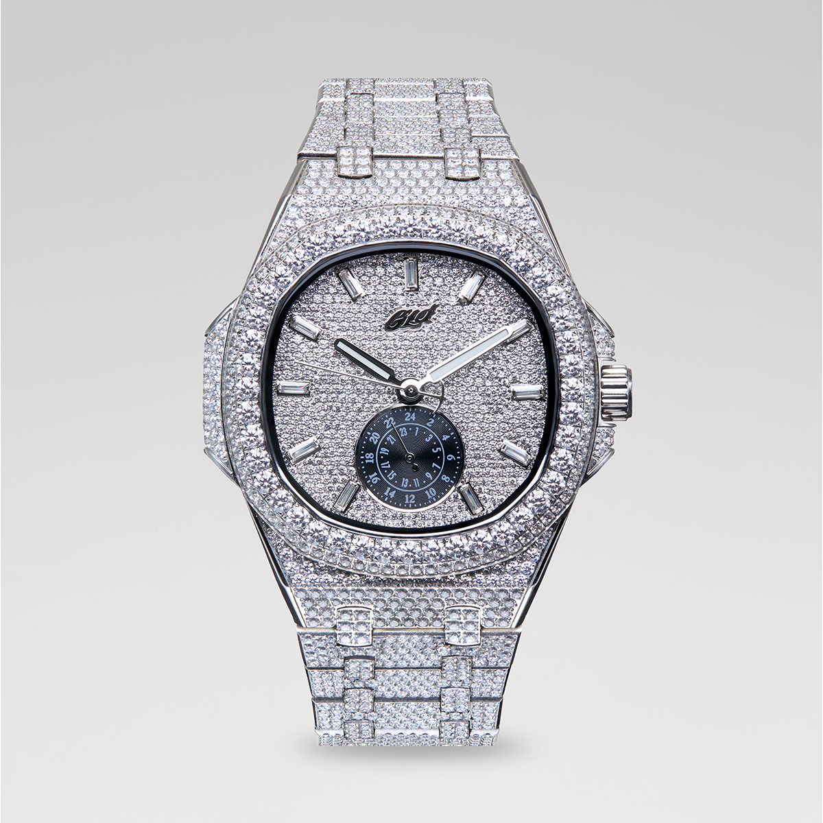 39MM Visionary Fully Iced Case & Steel Band Watch - White Gold