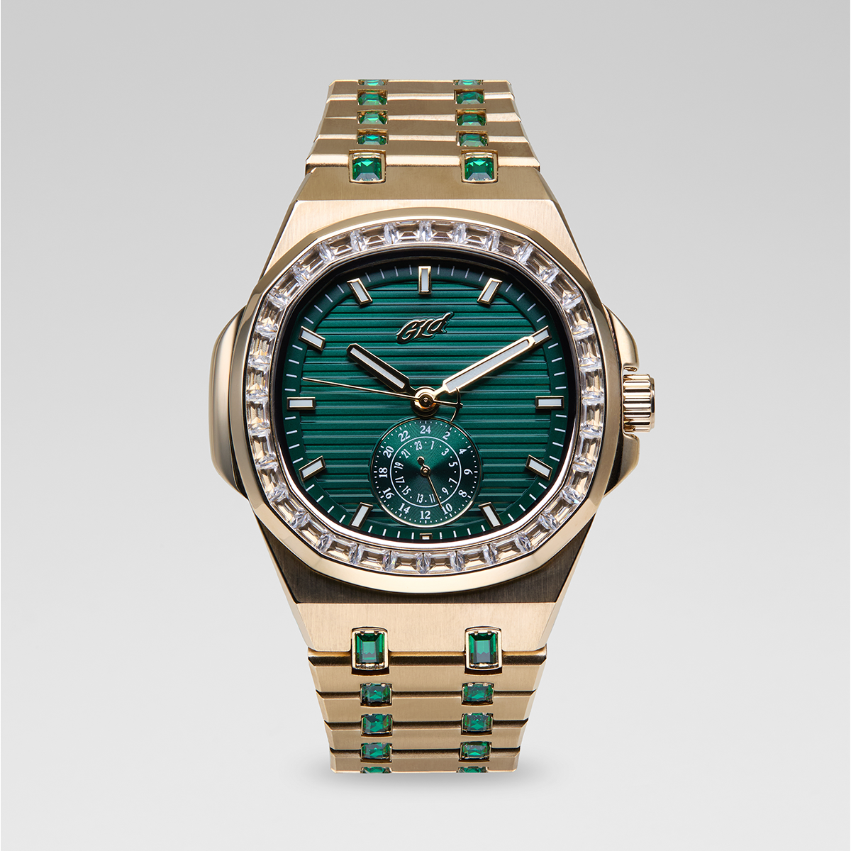 39MM Visionary Iced Emerald Stone Band Watch - Yellow Gold