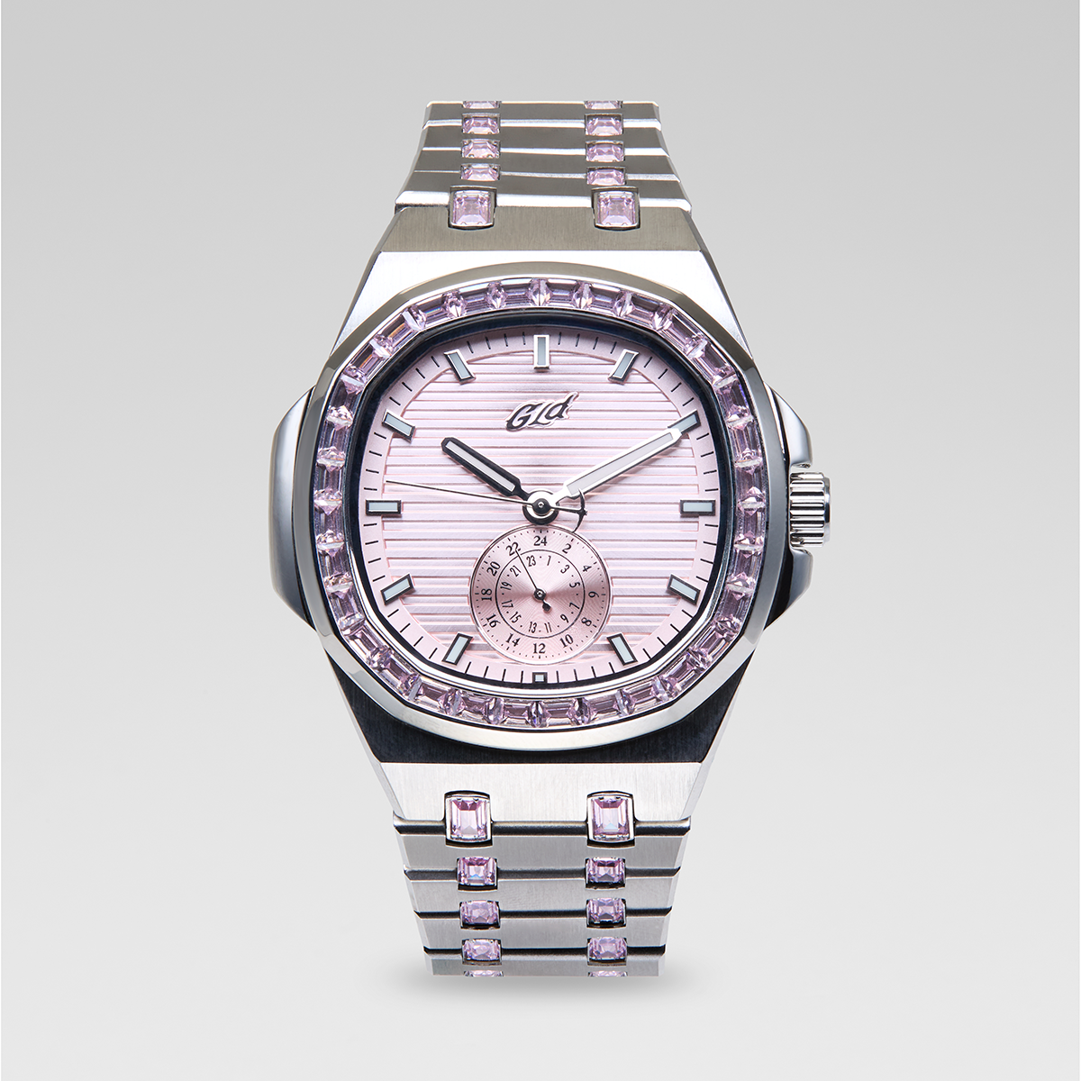 39MM Visionary Iced Pink Stone Band Watch - White Gold