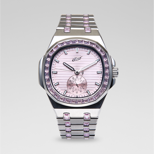 39MM Visionary Iced Pink Stone Band Watch - White Gold