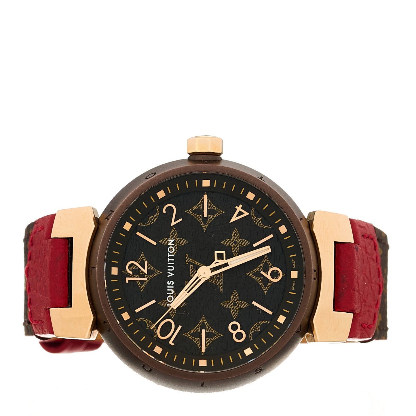 Stainless Steel 18K Rose Gold Monogram 34mm Tambour Quartz Watch Brown