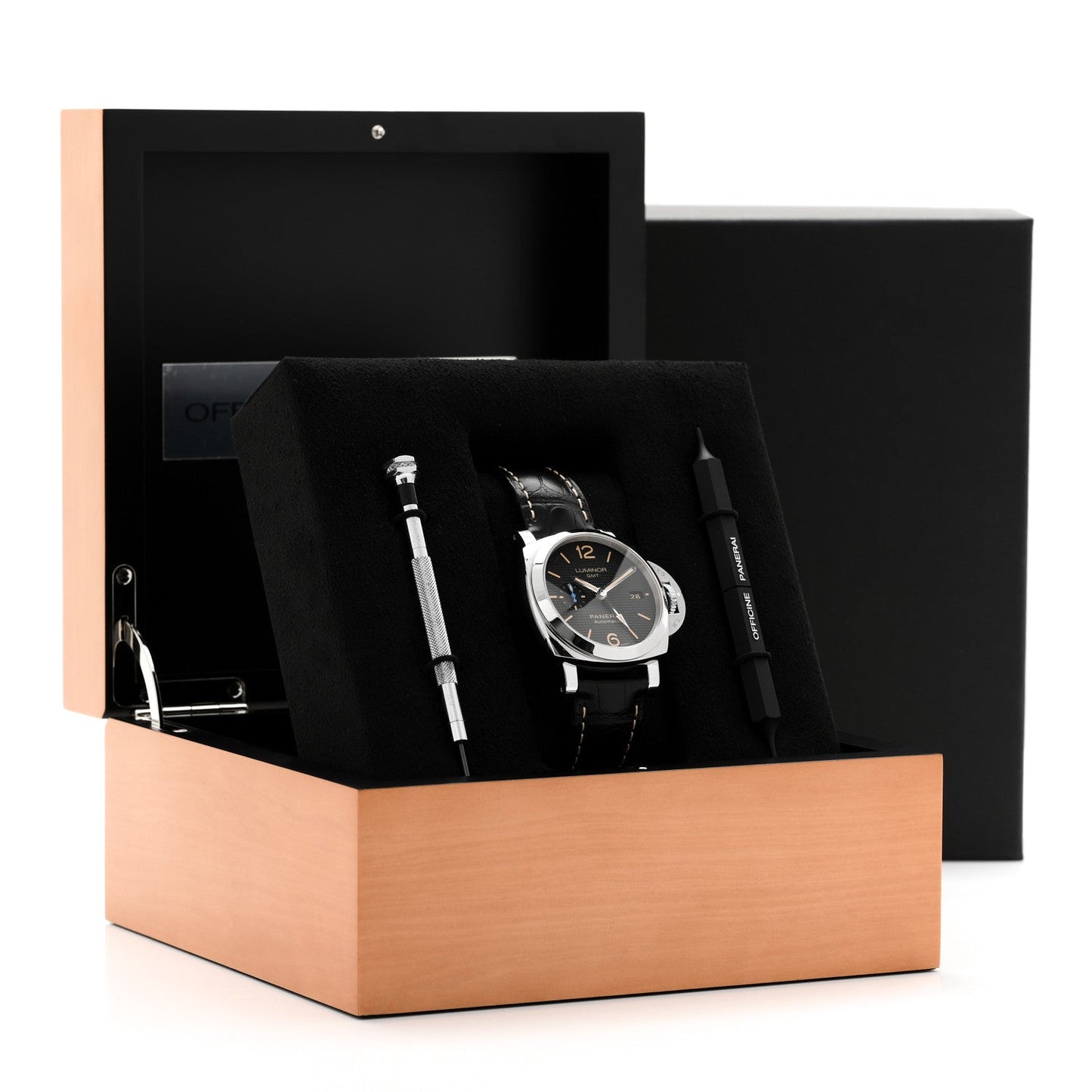 Stainless Steel Alligator 42mm Luminor 1950 3 Days GMT Automatic Watch Black PAM01535