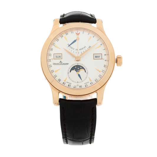 18K Rose Gold Alligator 37mm Master Calendar Moon Phase Automatic Watch Silver Q151242A