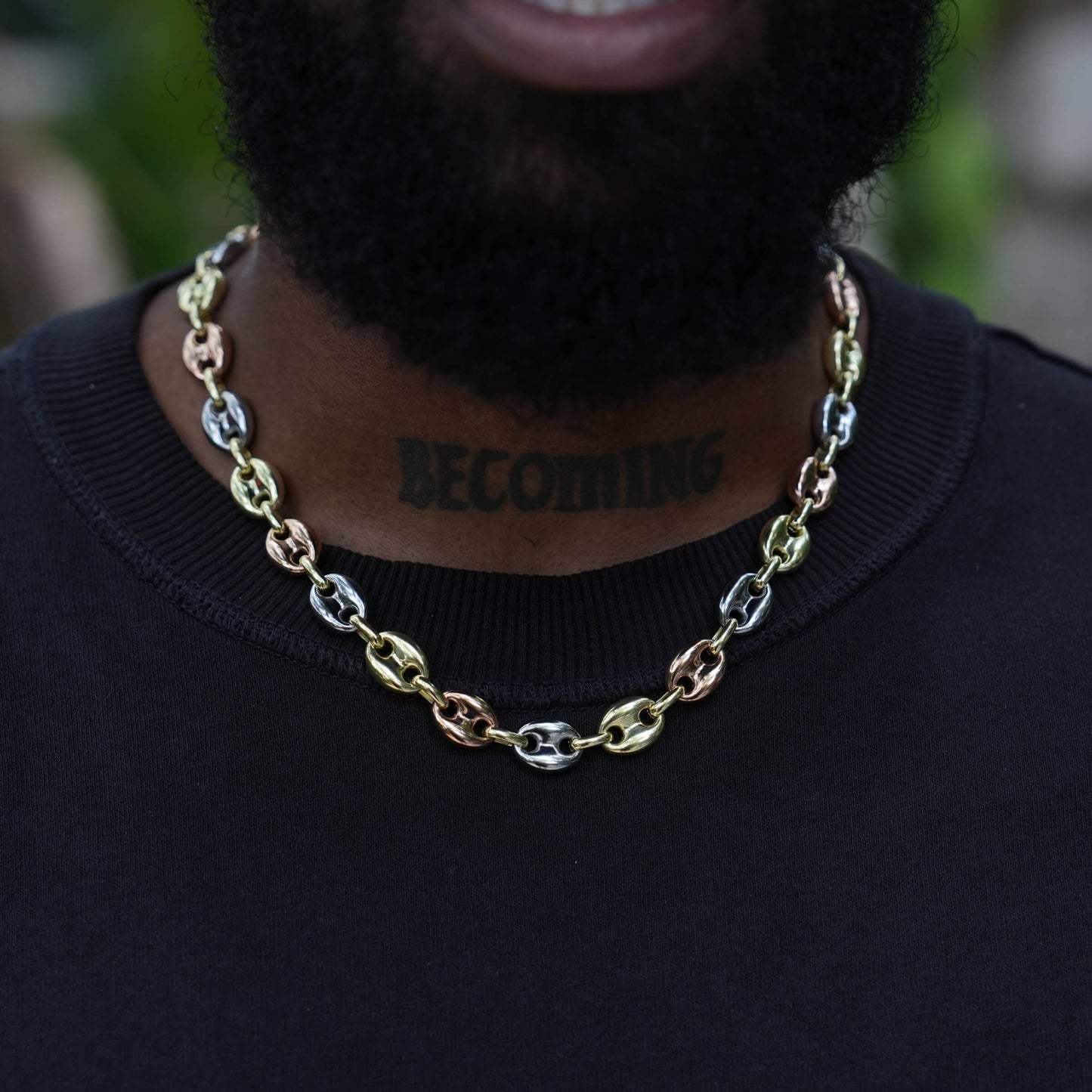 Puffed Mariner Chain Necklace in Yellow, Rose, and White Gold - 12mm