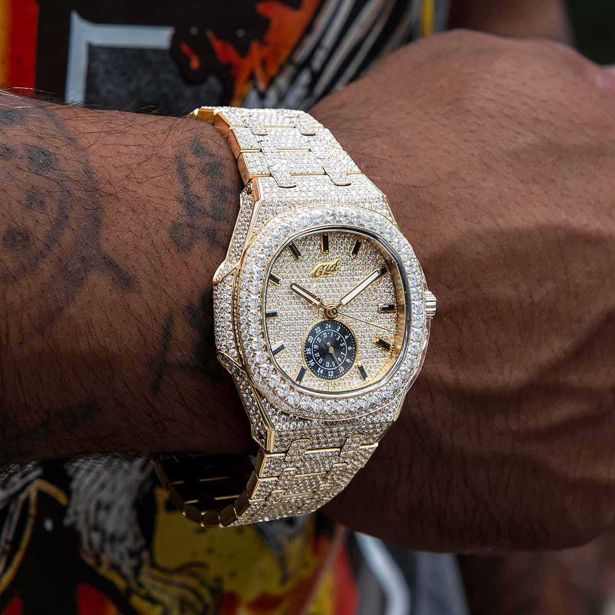 39MM Visionary Moissanite Fully Iced Case & Steel Band Watch - Yellow Gold