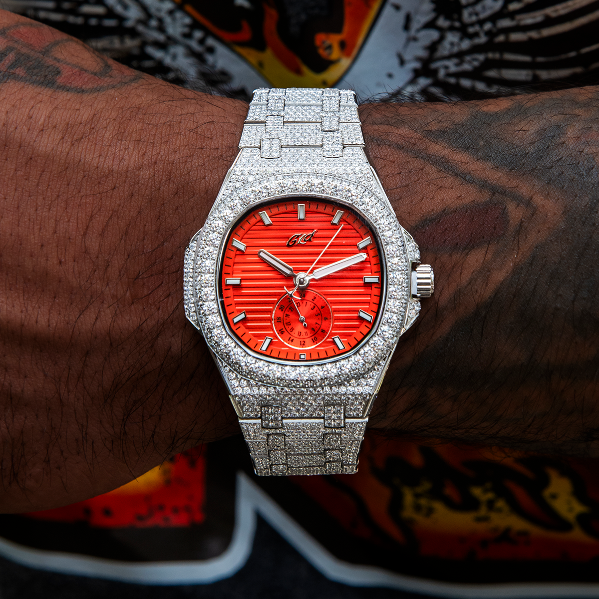 39MM Visionary Fully Iced Case & Orange Dial Watch - White Gold