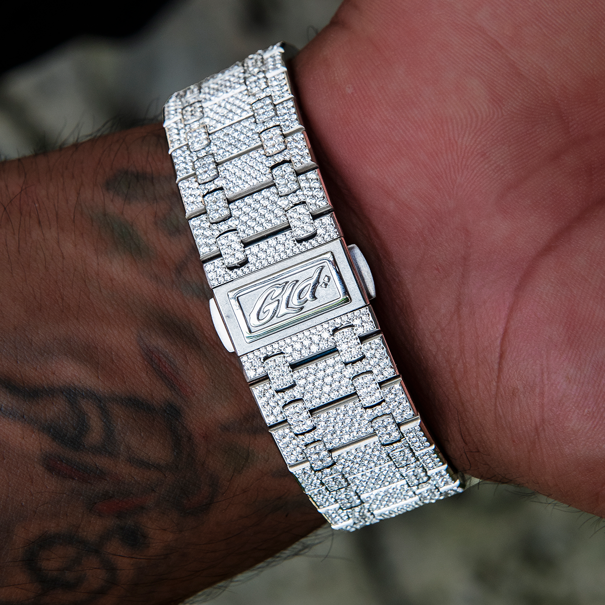 39MM Visionary Fully Iced Case & Steel Band Watch - White Gold