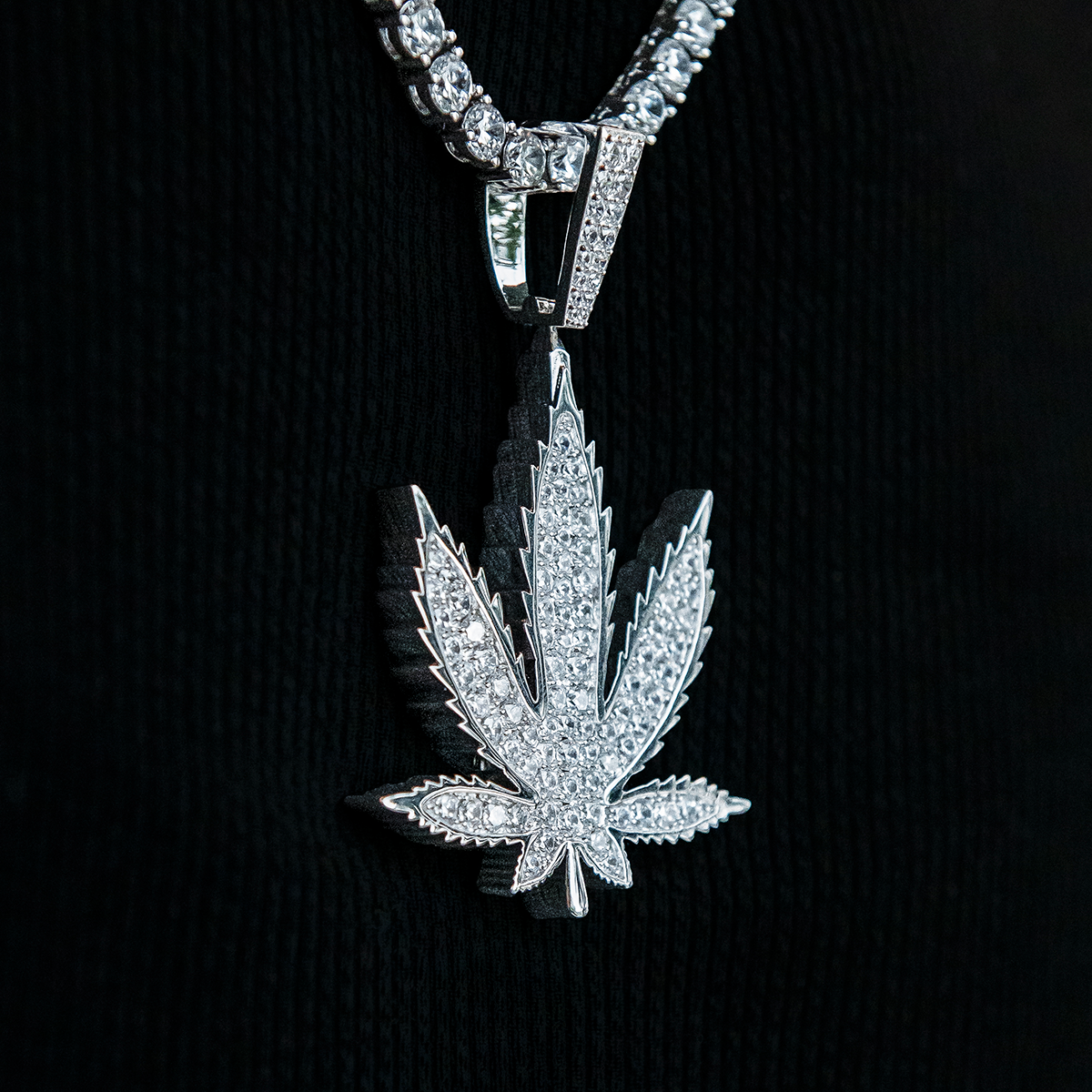 Large Diamond Weed Leaf Pendant - White Gold