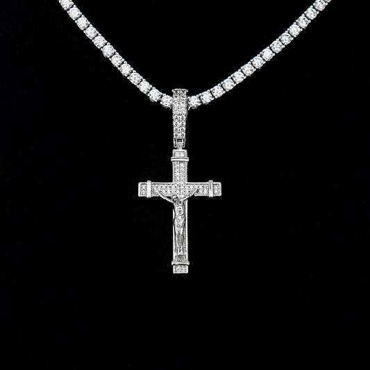 Iced Flat Crucifix Cross Pendant in White Gold