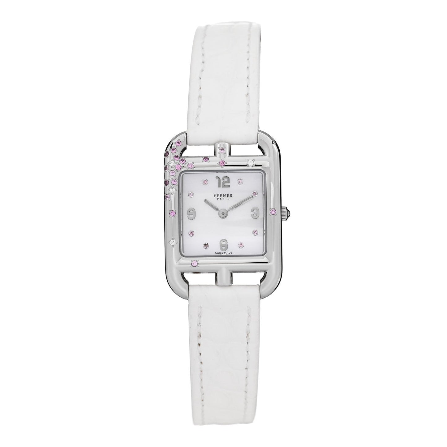 Stainless Steel Alligator Diamond Pink Sapphire Mother of Pearl 23mm Cape Cod Quartz Watch Blanc