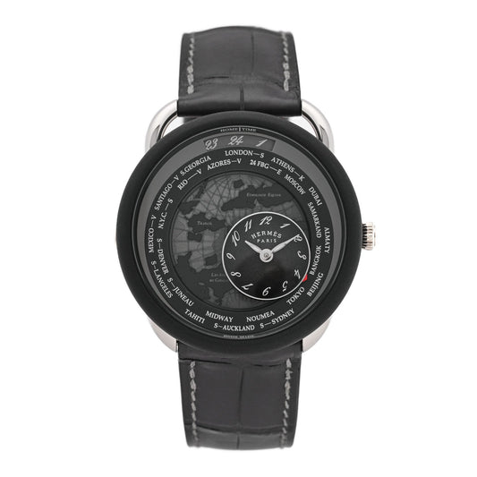Platinum Titanium Alligator 43mm Arceau Le Temps Voyageur Automatic Watch Noir