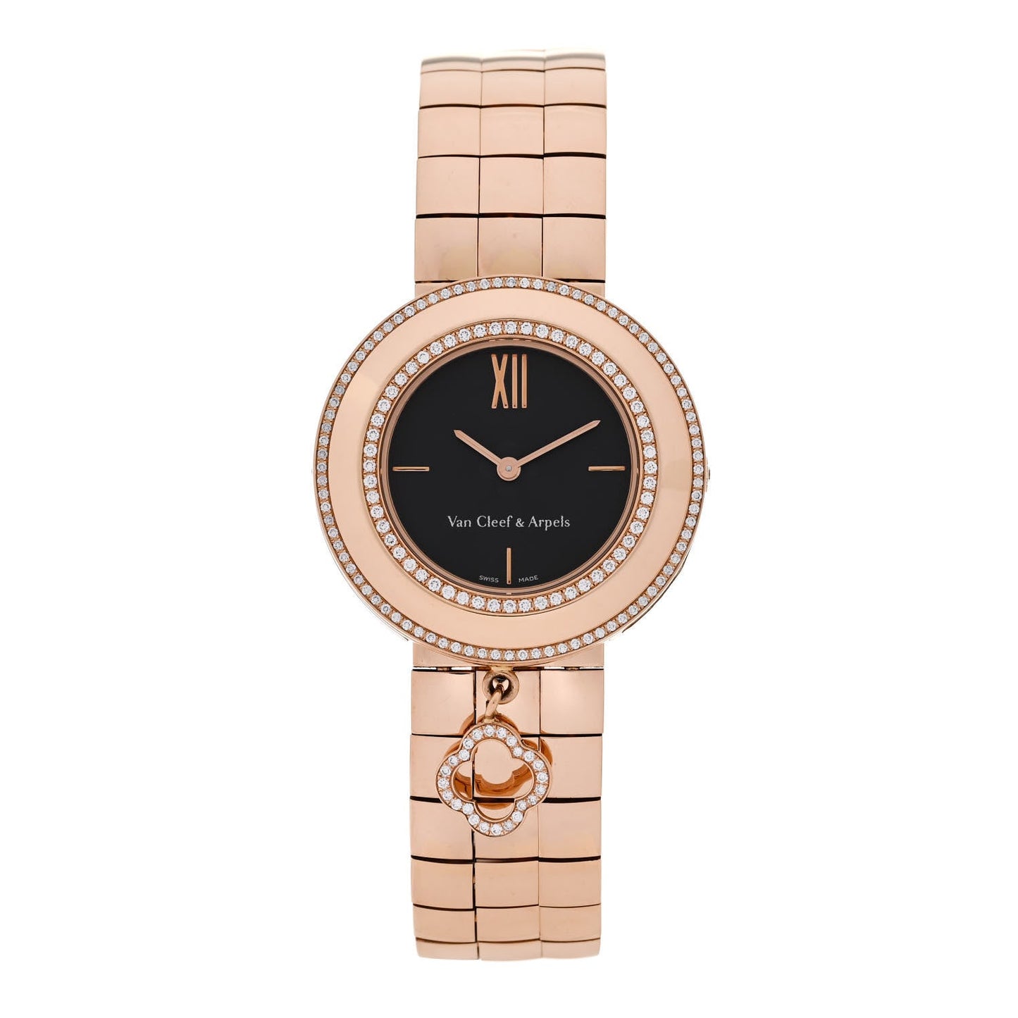 18K Rose Gold Diamond Bezel 32mm Charms Quartz Watch Black