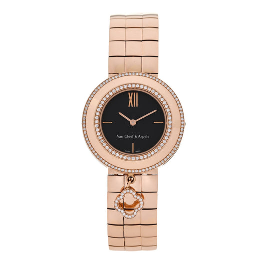 18K Rose Gold Diamond Bezel 32mm Charms Quartz Watch Black