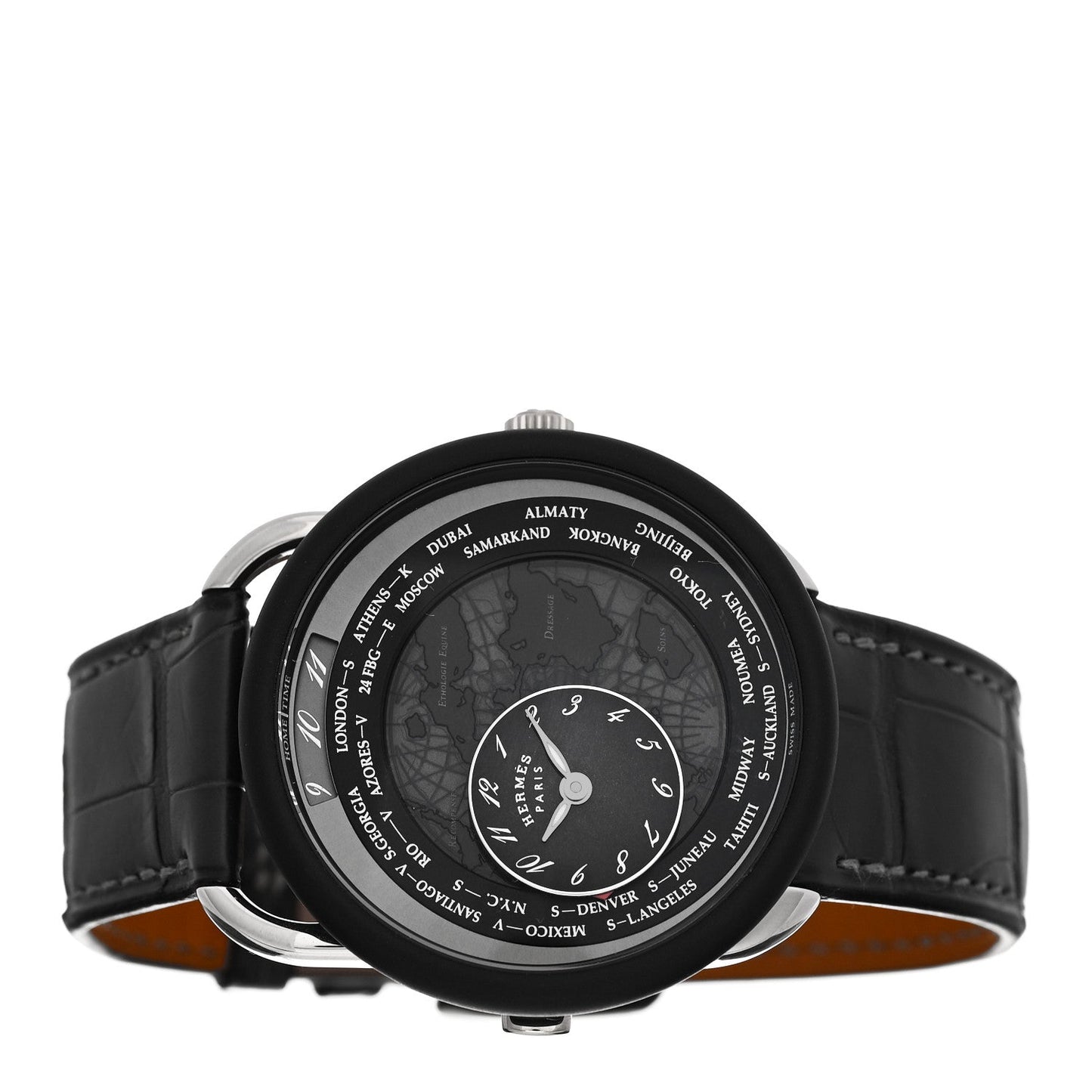 Platinum Titanium Alligator 43mm Arceau Le Temps Voyageur Automatic Watch Noir