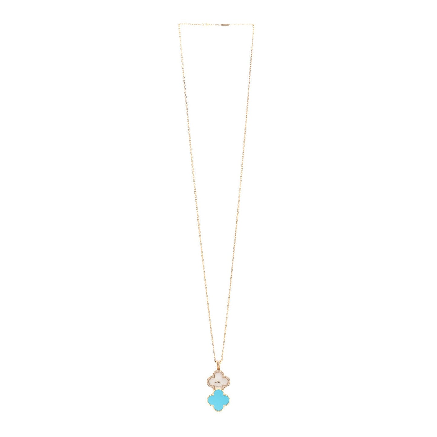 18K Yellow Gold Diamond Turquoise Mother of Pearl 28mm Alhambra Secret Pendant Quartz Watch