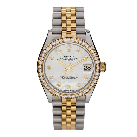 Stainless Steel 18K Yellow Gold Diamond Bezel Mother of Pearl 31mm Oyster Perpetual Datejust Watch 278383RBR
