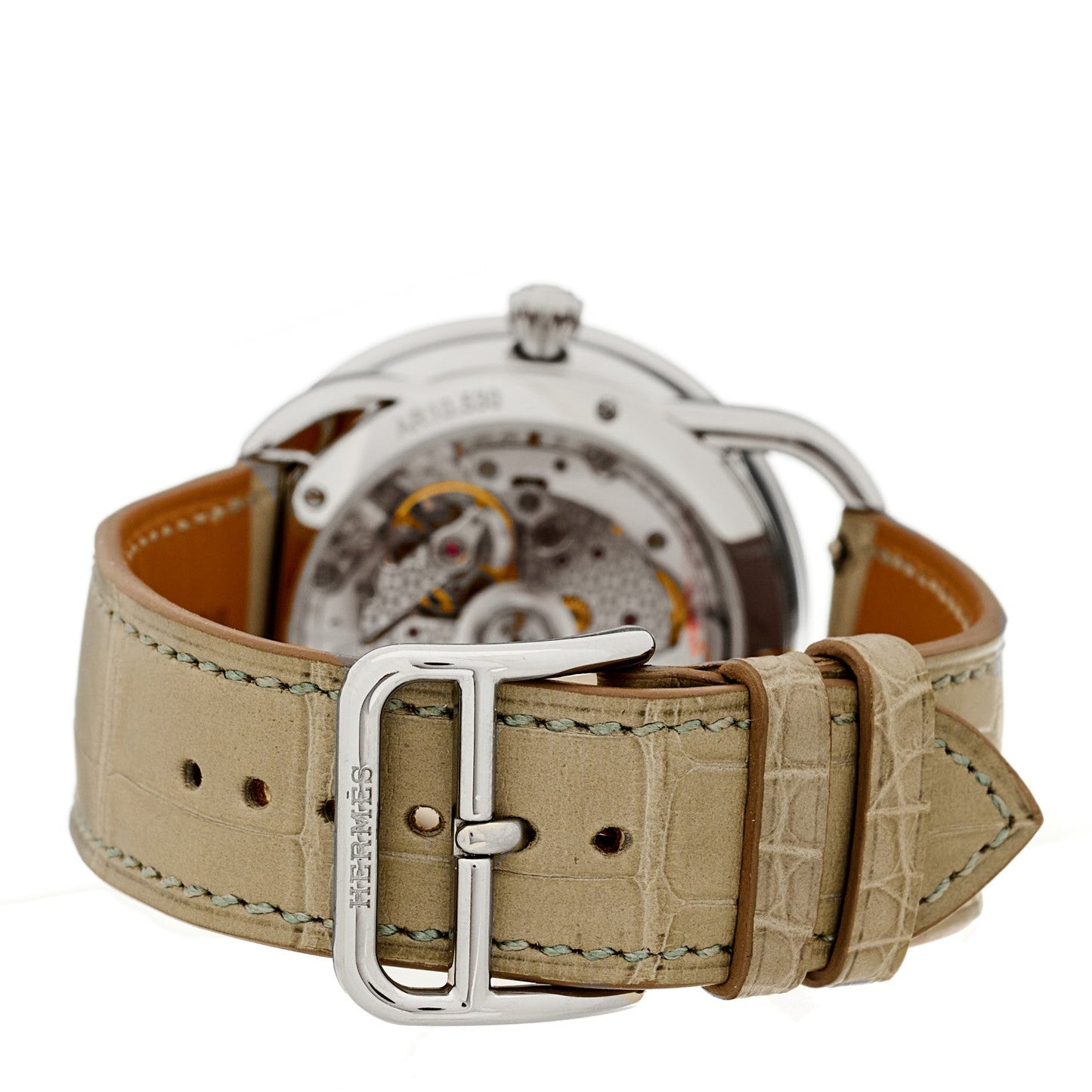 Stainless Steel Alligator Diamond Bezel Mother of Pearl 38mm Arceau Le Temps Voyageur Automatic Watch Gris Perle
