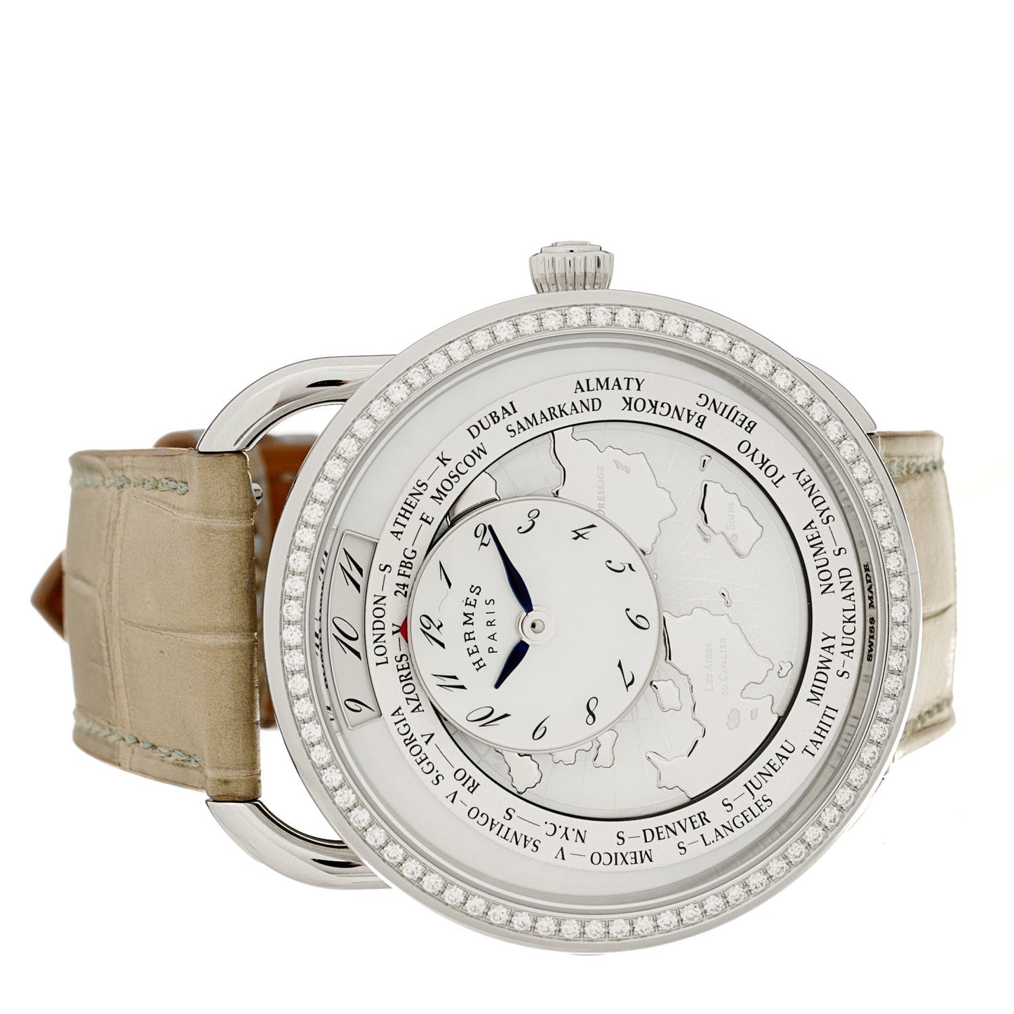 Stainless Steel Alligator Diamond Bezel Mother of Pearl 38mm Arceau Le Temps Voyageur Automatic Watch Gris Perle