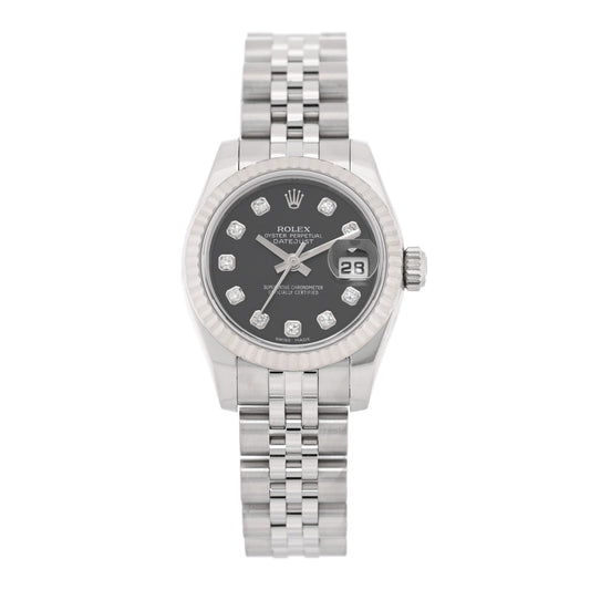 Stainless Steel 18K White Gold Diamond 26mm Oyster Perpetual Datejust Watch Black 179174
