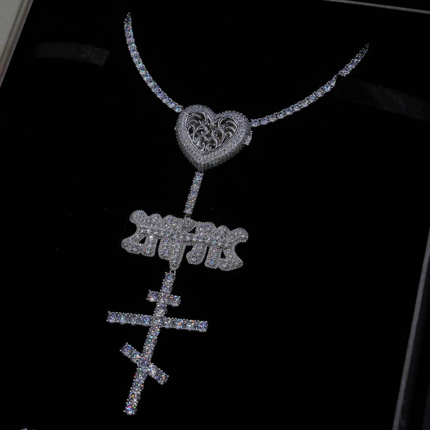 GLD X Bloody Osiris Iced Locket Rosary Chain in White Gold