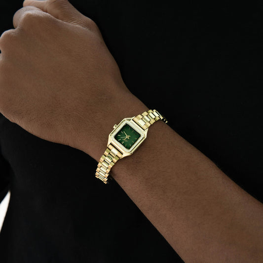 30MM Ethereal Iced Green Dial Band Watch - Yellow Gold