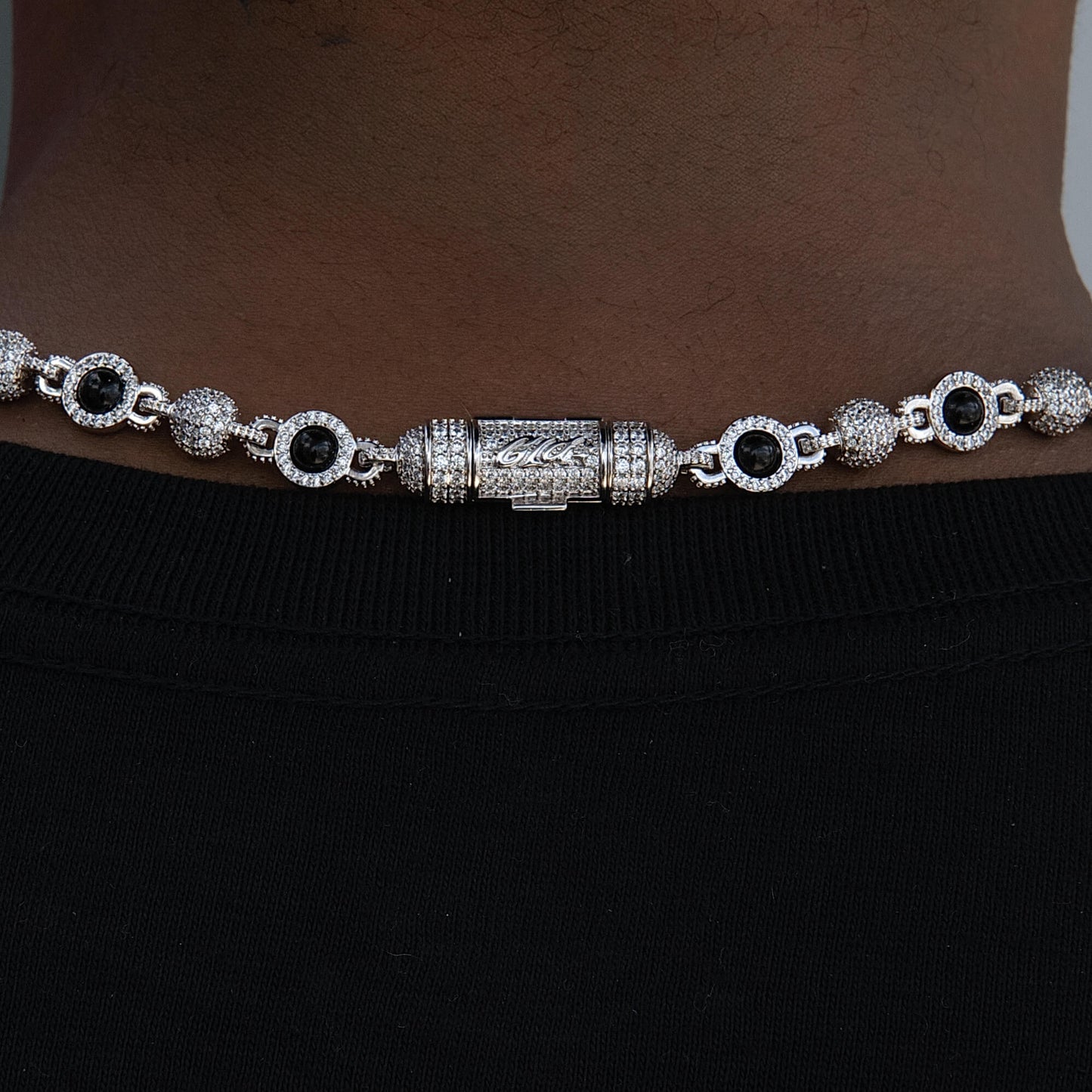 Iced Black Pearl Ball Chain Necklace in White Gold
