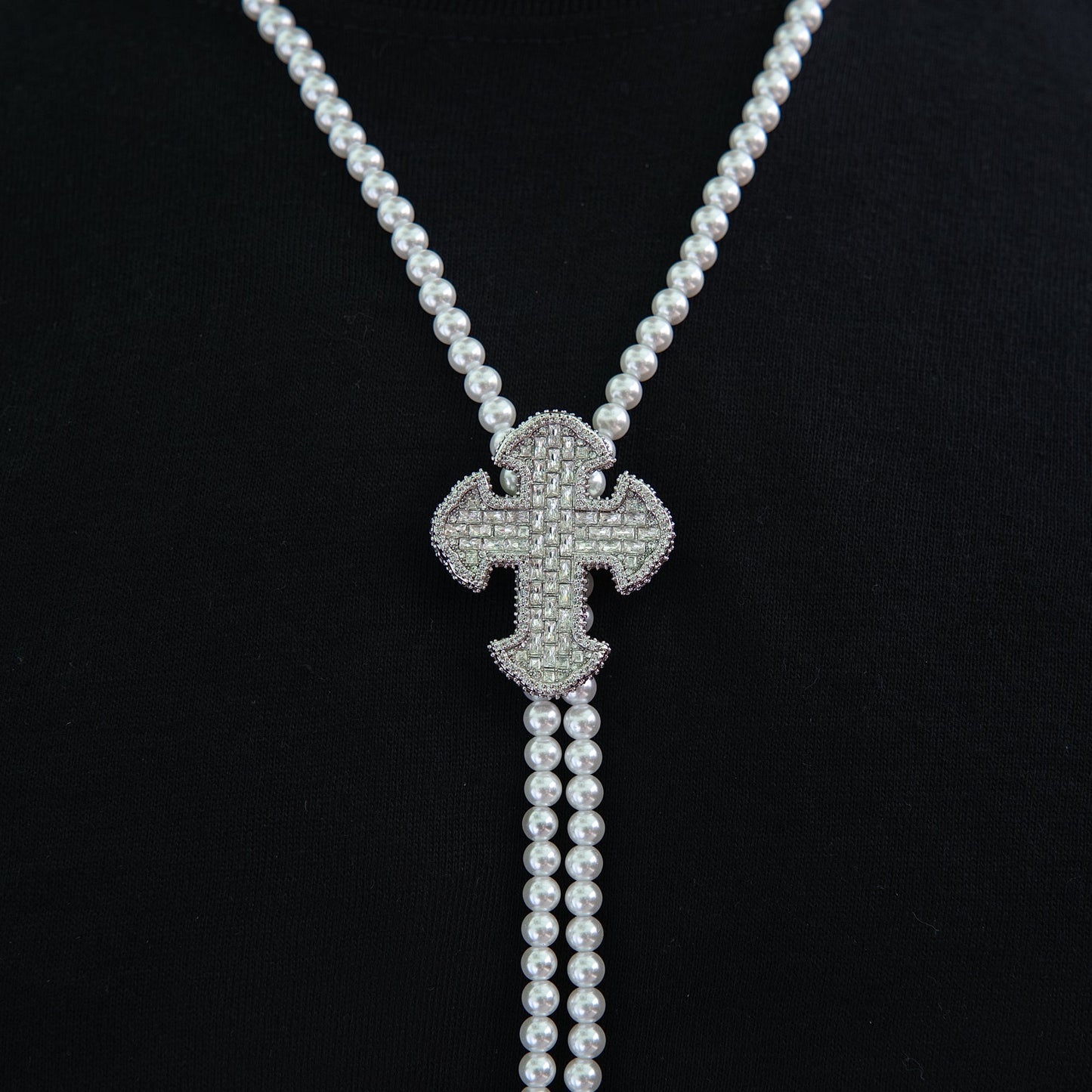 Iced Cross Pearl Bolo Chain in White Gold