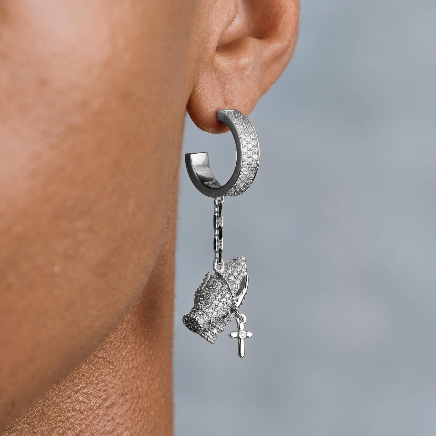 Iced Hanging Praying Hands Hoop Earring in White Gold