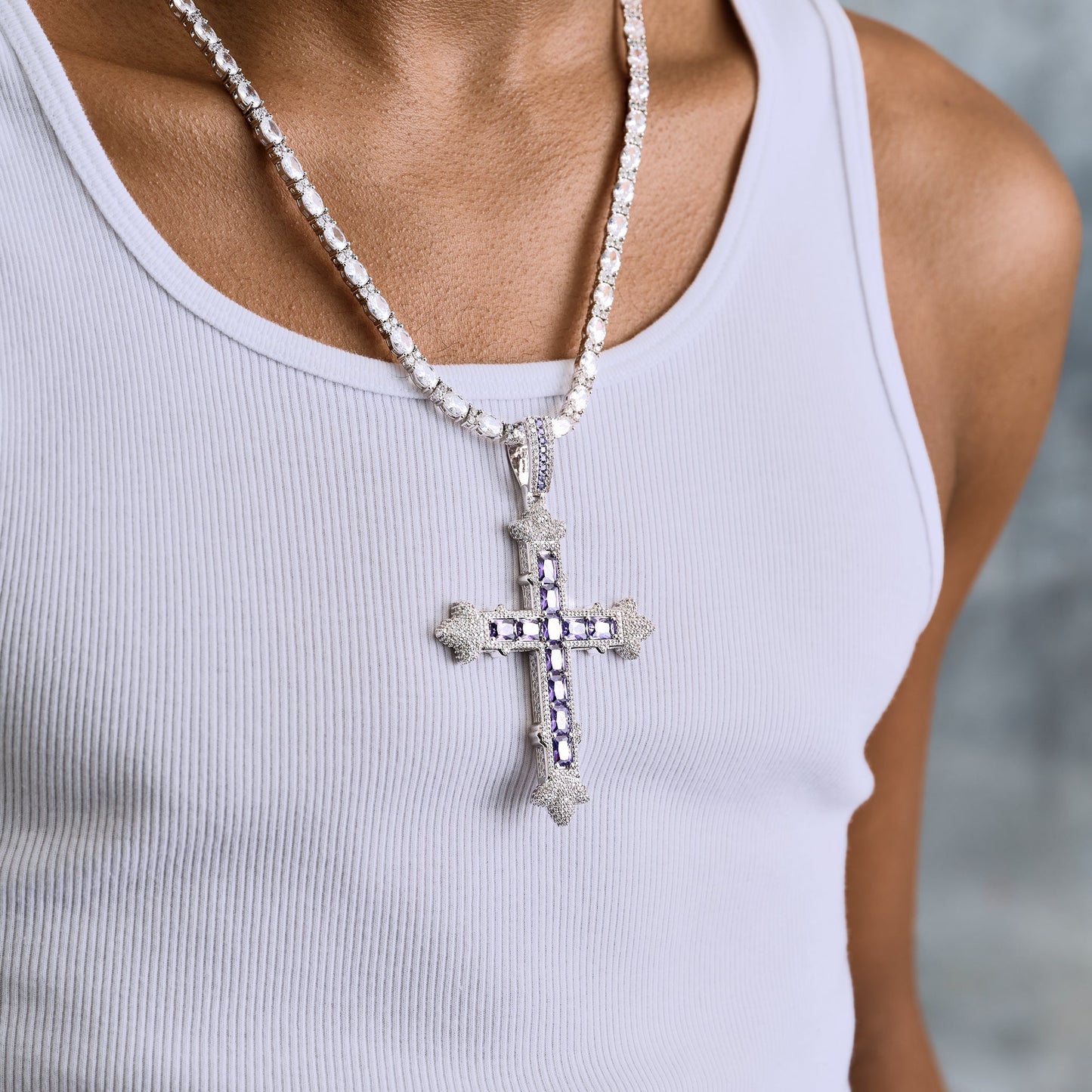 Large Iced Purple Baguette Cross Pendant in White Gold