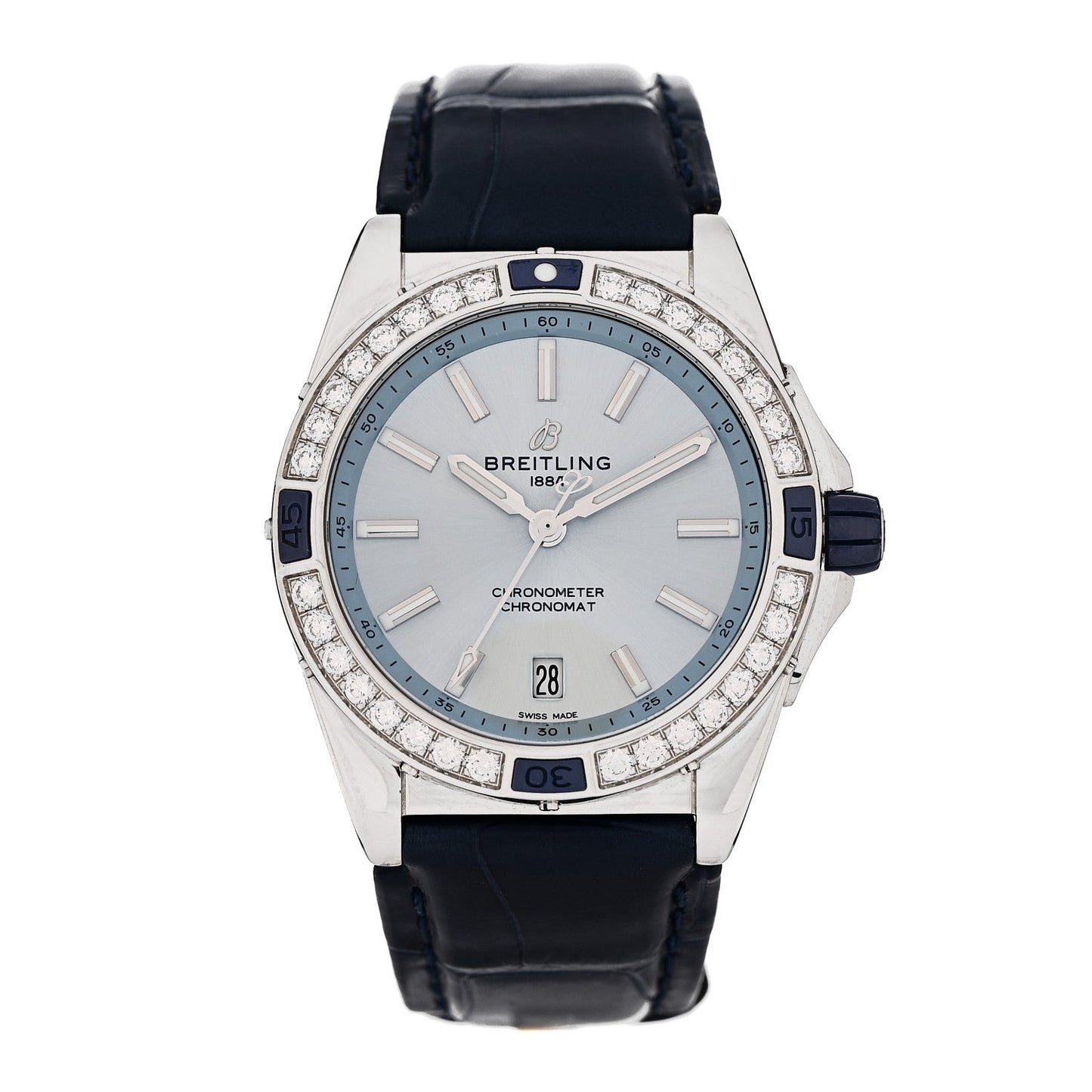 Stainless Steel Alligator Diamond Bezel 38mm Chronomat Automatic Watch Ice Blue A17356