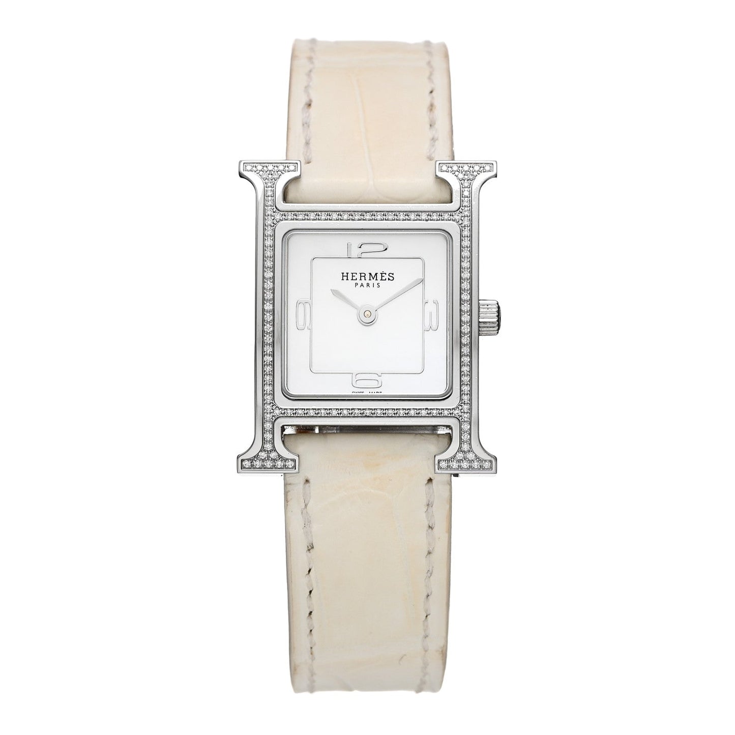Stainless Steel Alligator Diamond Bezel Mother of Pearl 21mm Heure H Hour Quartz Watch Blanc