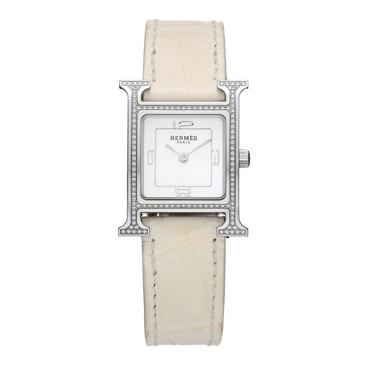Stainless Steel Alligator Diamond Bezel Mother of Pearl 21mm Heure H Hour Quartz Watch Blanc