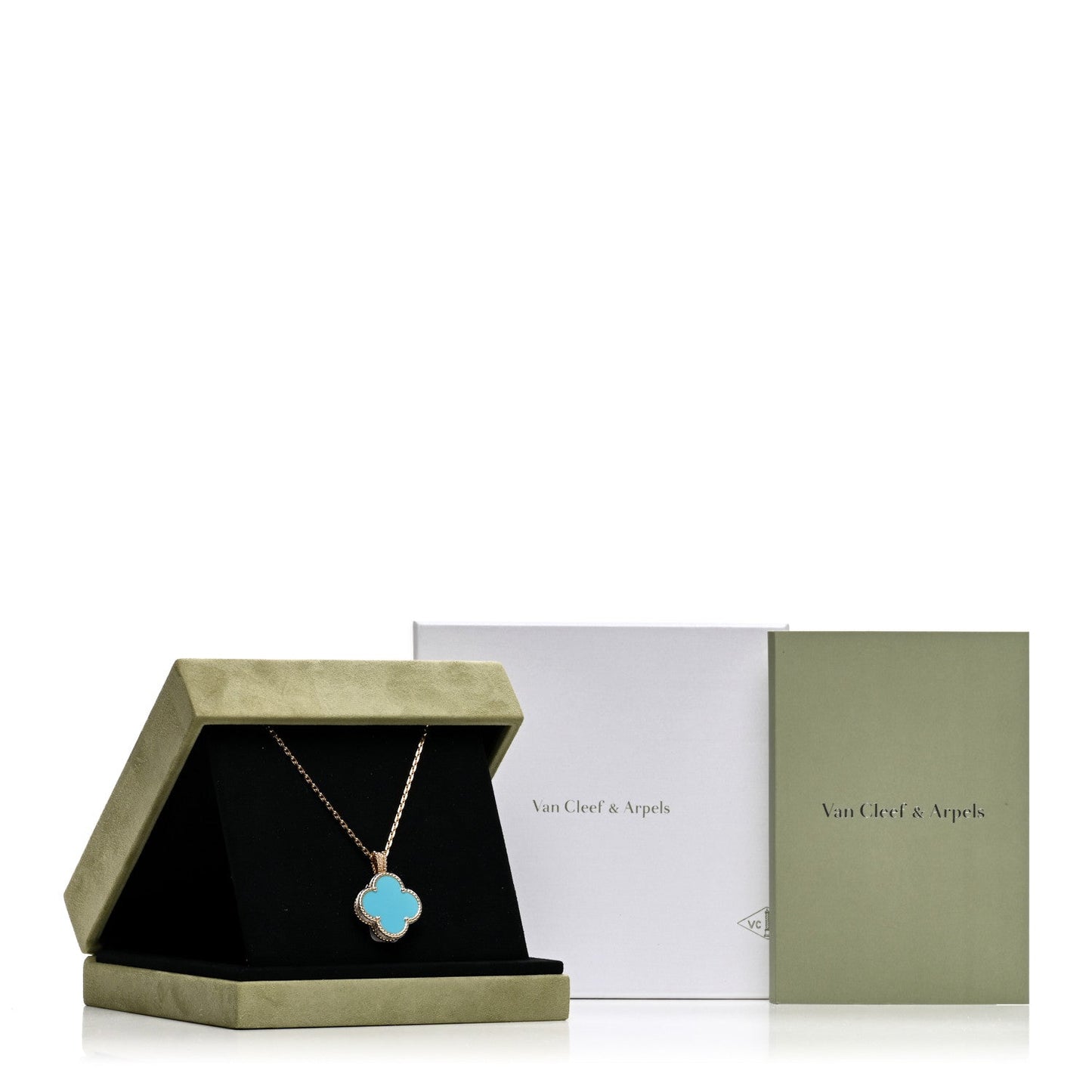 18K Yellow Gold Diamond Turquoise Mother of Pearl 28mm Alhambra Secret Pendant Quartz Watch