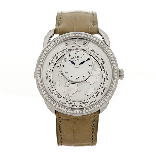 Stainless Steel Alligator Diamond Bezel Mother of Pearl 38mm Arceau Le Temps Voyageur Automatic Watch Gris Perle