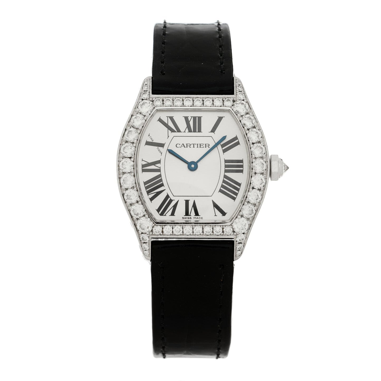 18K White Gold Alligator Diamond Bezel 28mm Tortue Manual Winding Watch Black