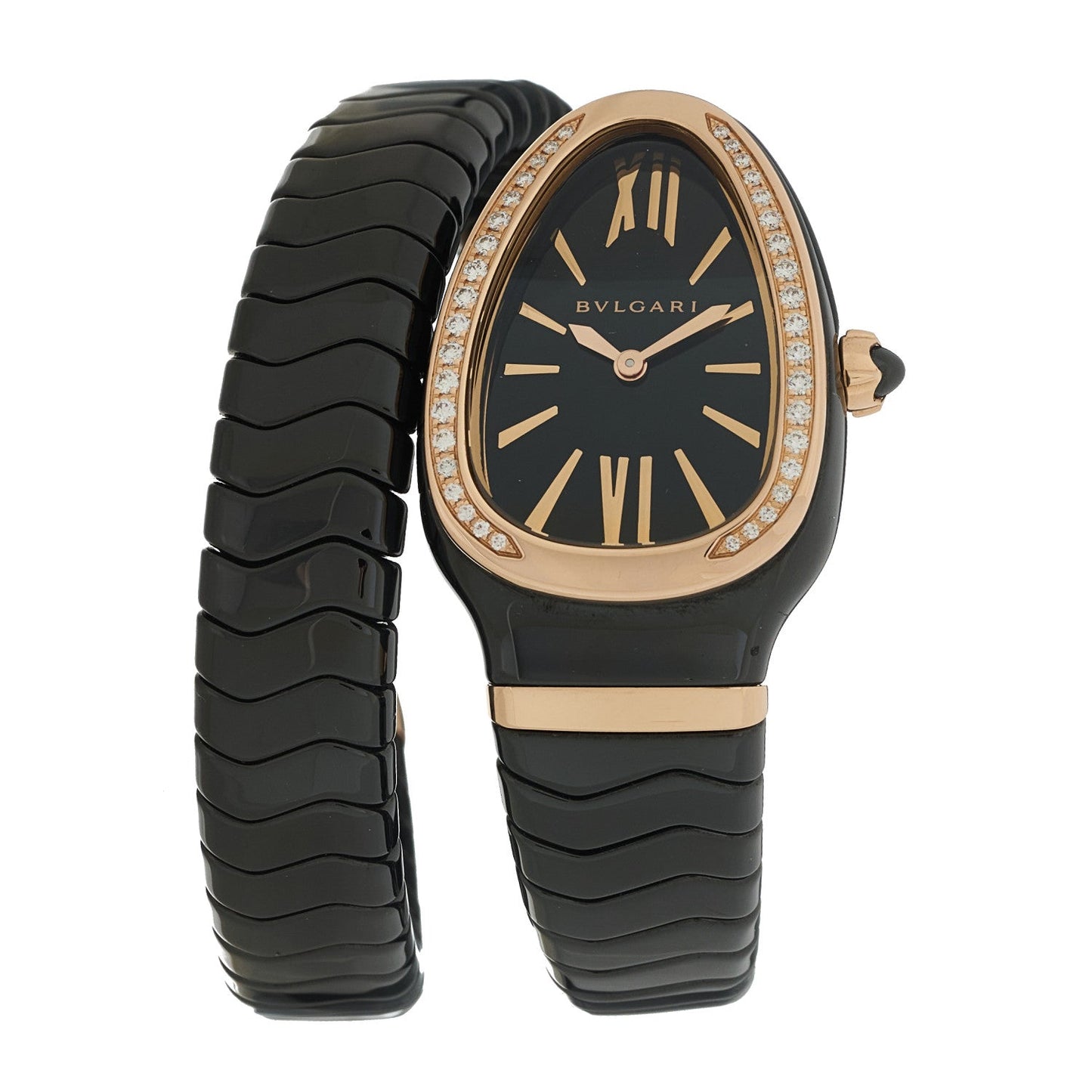 18K Rose Gold Ceramic Diamond Bezel 35mm Serpenti Tubogas Quartz Watch Black