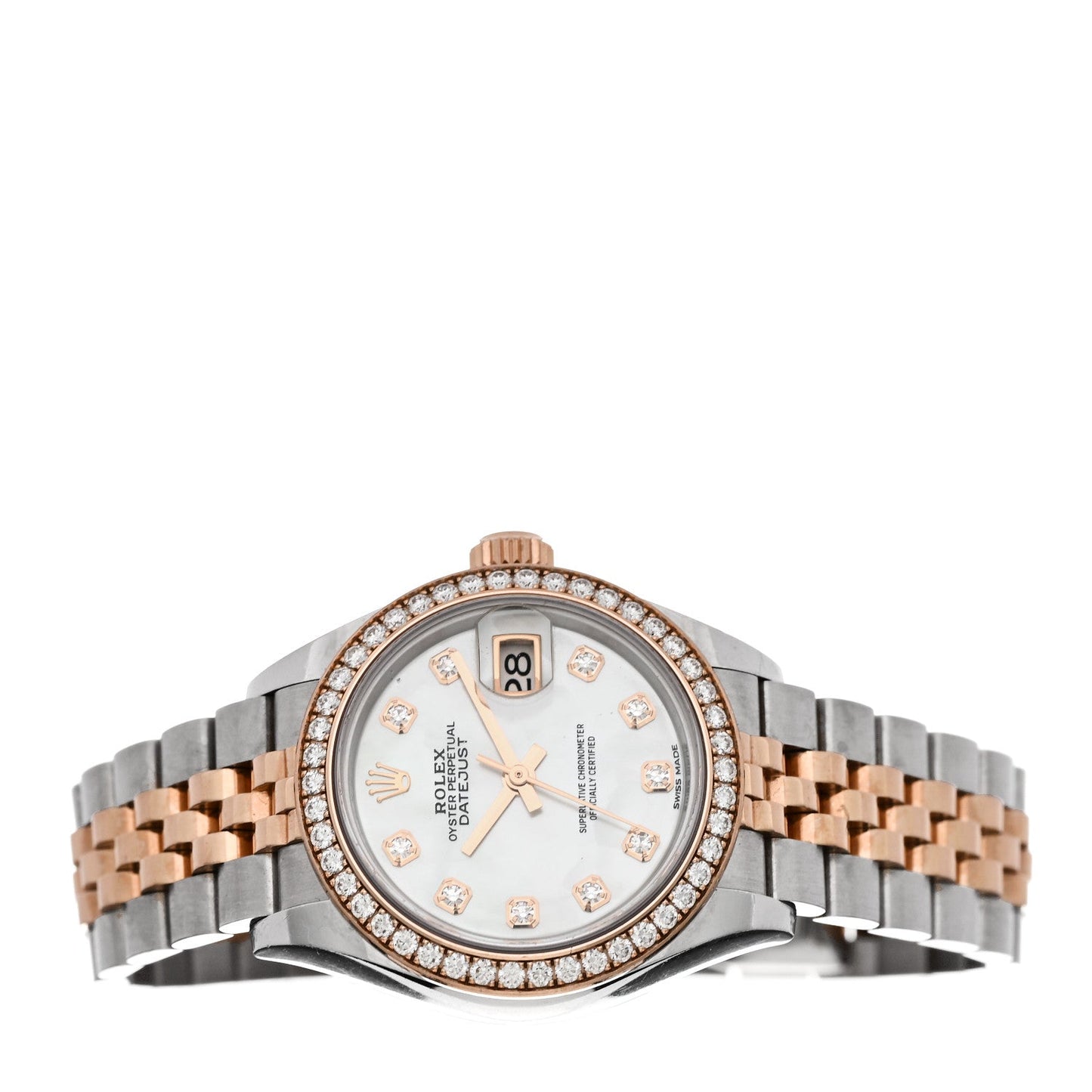 Stainless Steel 18K Everose Gold Diamond Bezel Mother of Pearl 28mm Oyster Perpetual Datejust Watch 279381RBR