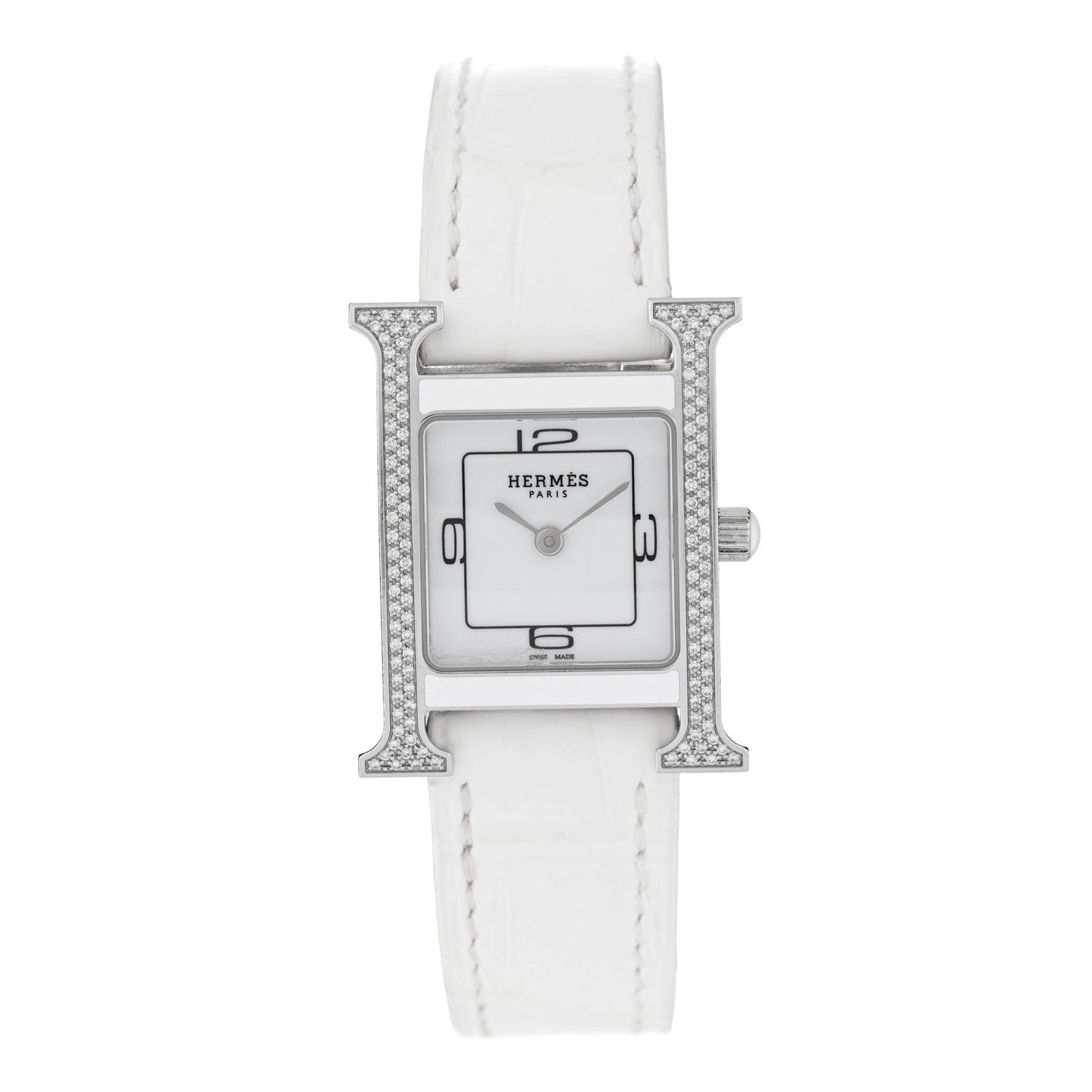 Stainless Steel Alligator Diamond Bezel Lacquer 21mm Heure H Hour Double Jeu Quartz Watch Blanc
