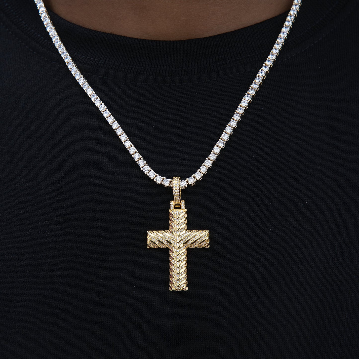 Iced Arrow Cross Pendant in Yellow Gold