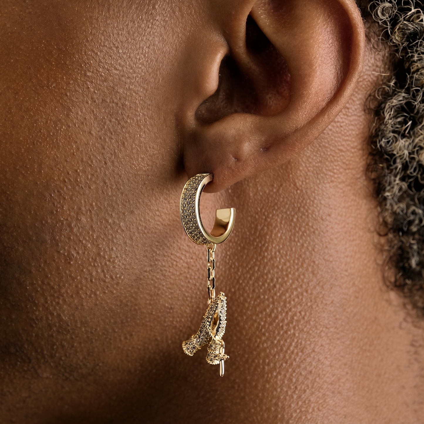Iced Hanging Praying Hands Hoop Earring in Yellow Gold