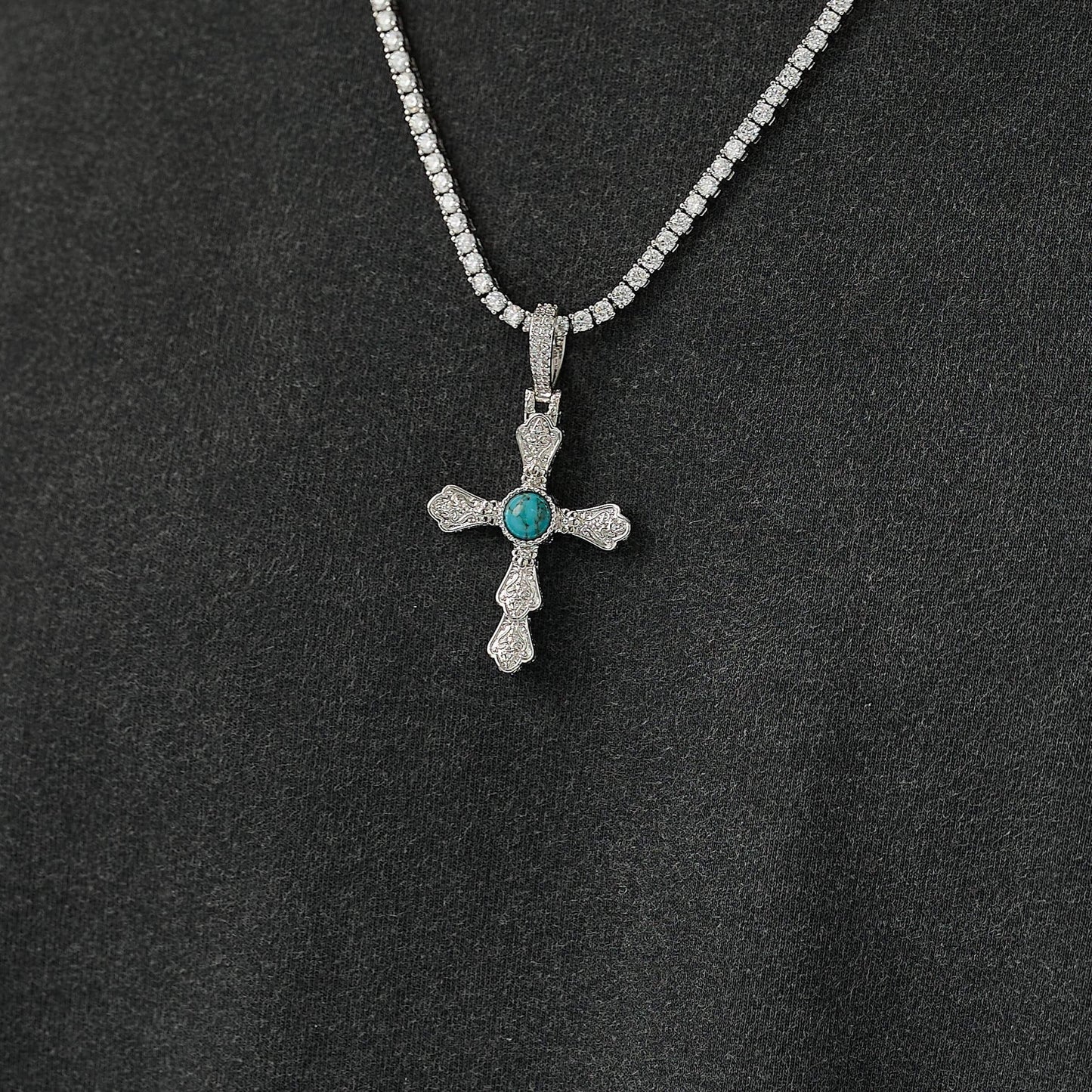 Turquoise Western Cross Pendant in White Gold